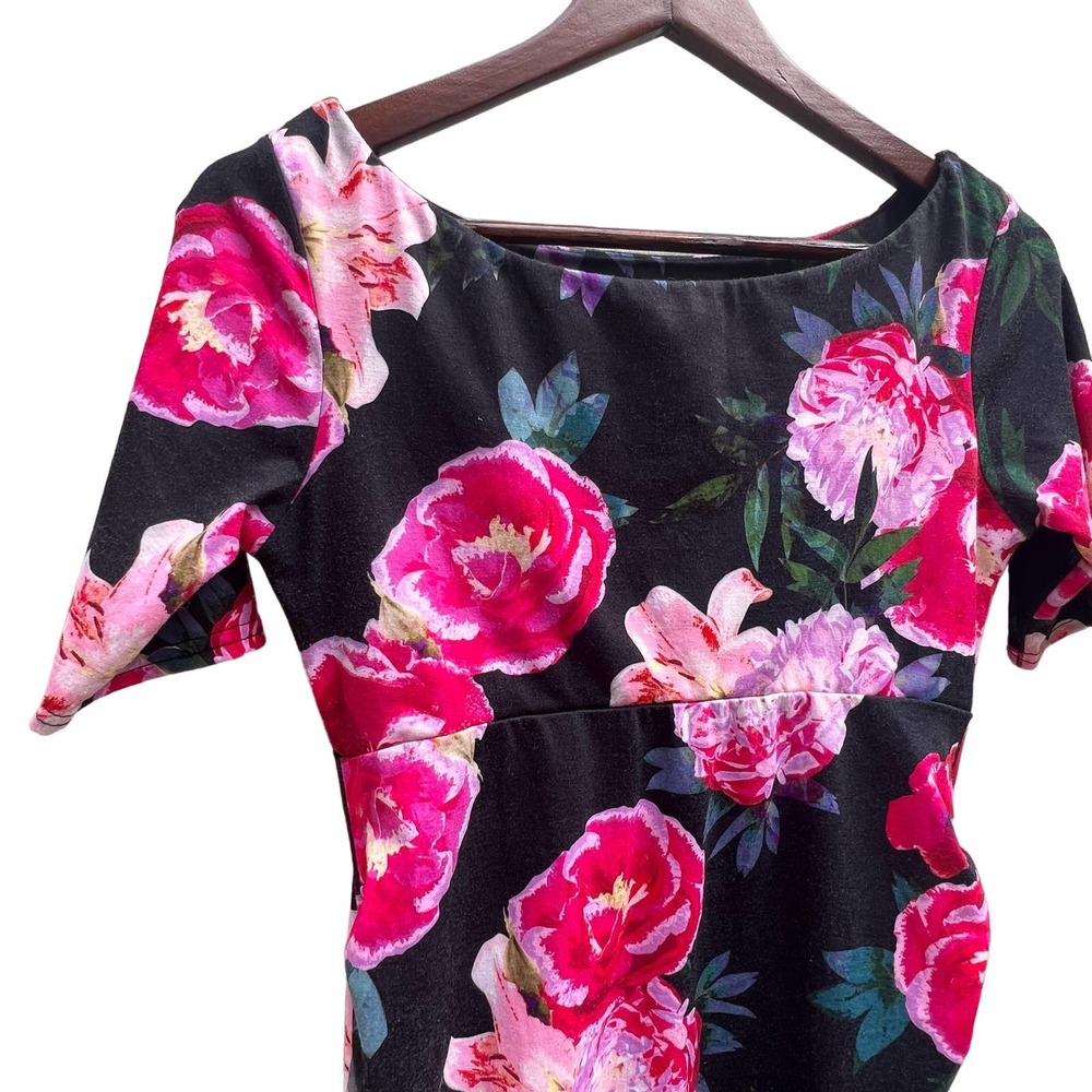 ASOS Maternity Floral Bodycon Midi Dress Size 4 Black Pink Rose Print Stretch - Picture 7 of 14
